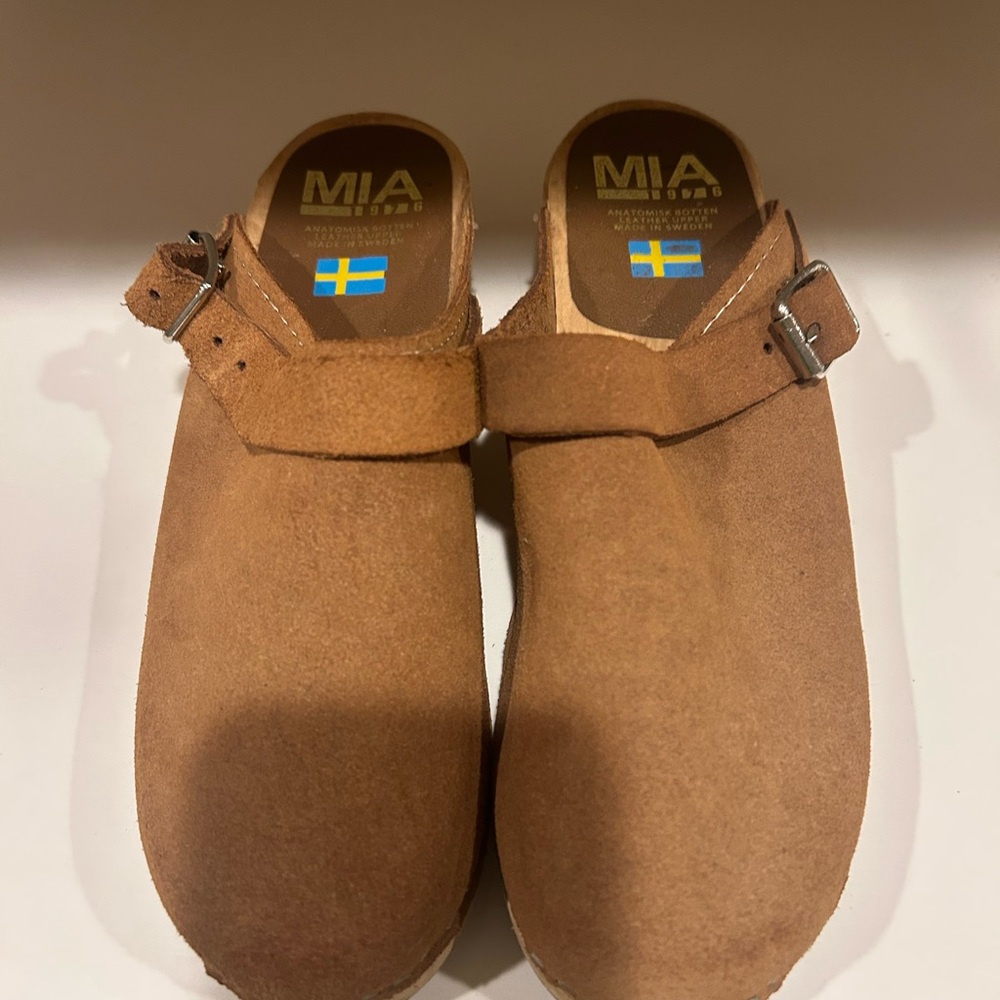 MIA Tan Suede Clogs with Buckle